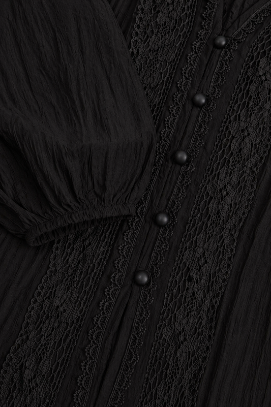 Aurinae Elegant Black Lace Panel Button Top