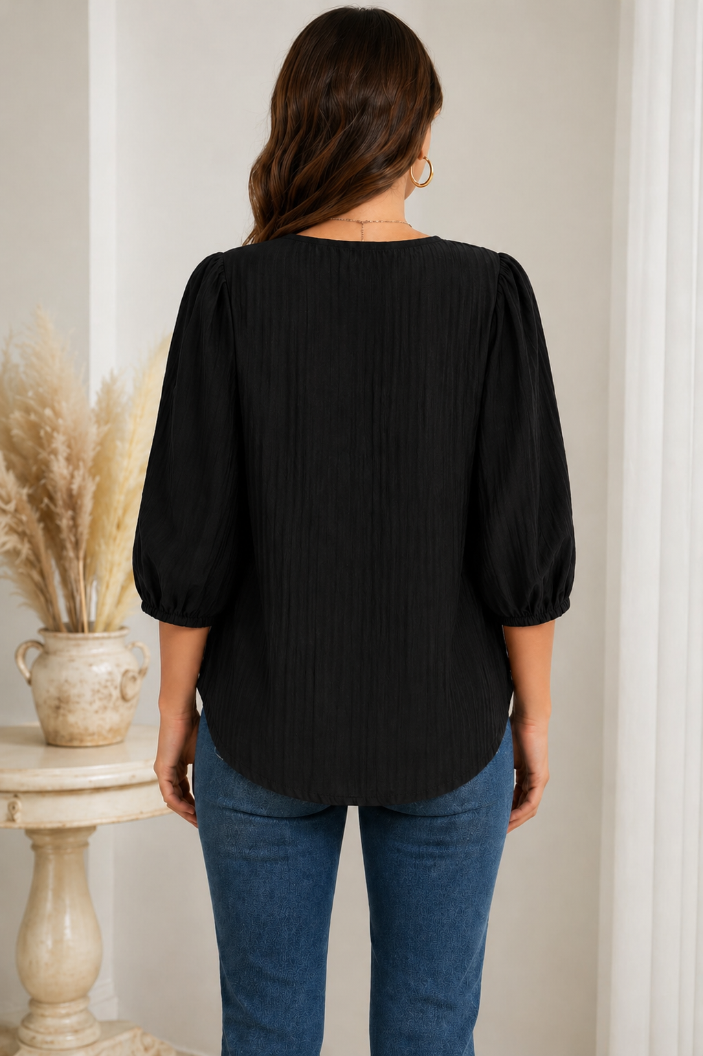 Aurinae Elegant Black Lace Panel Button Top