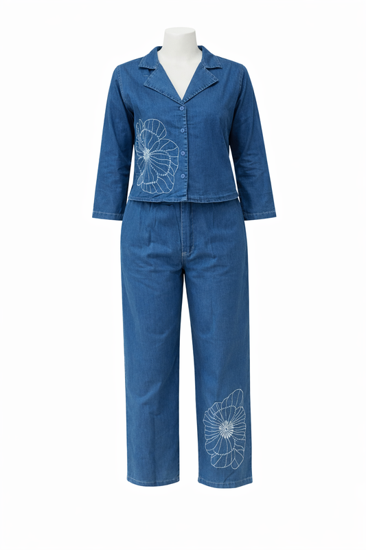 Celestia Floral Embroidered Denim Co-Ord Set – Dark Blue