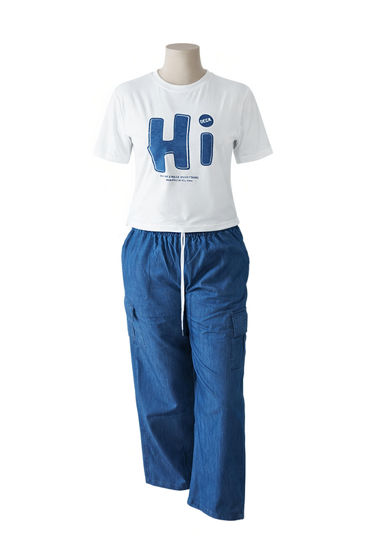 Zeni Graphic Tee & Blue Denim Cargo Pants Combo Set
