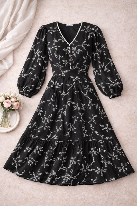 Mira Black Floral Puff-Sleeve Pearl Midi Dress