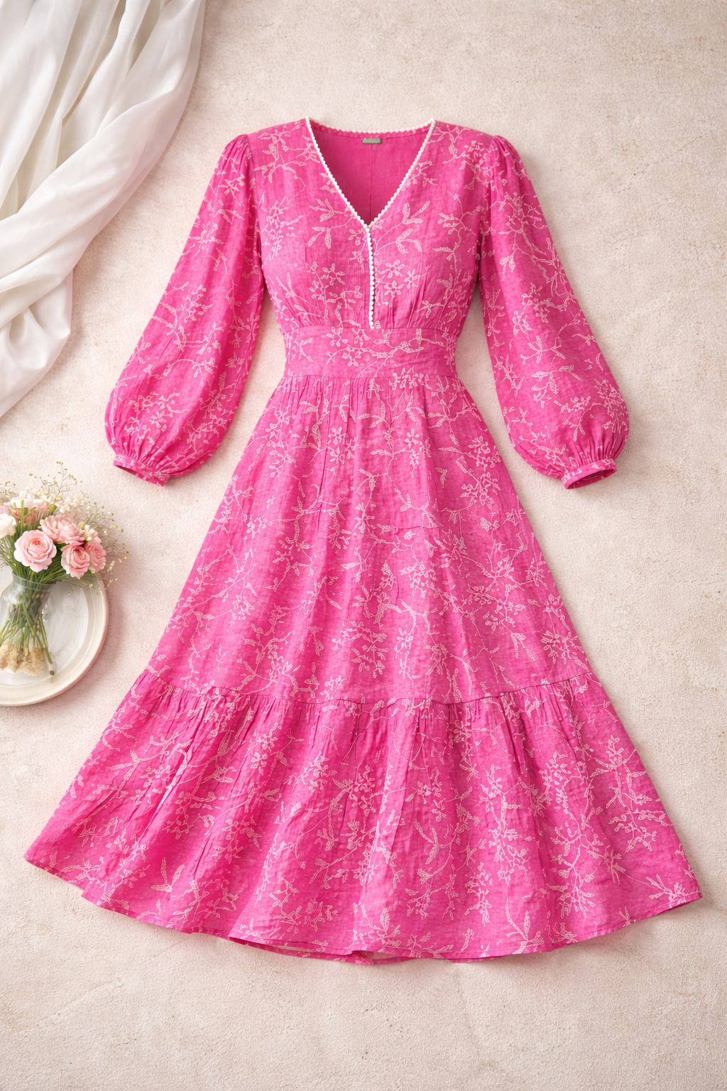 Mira Pink Floral Puff-Sleeve Pearl Midi Dress