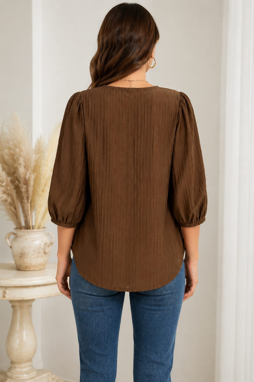 Aurinae Elegant Brown Lace Panel Button Top