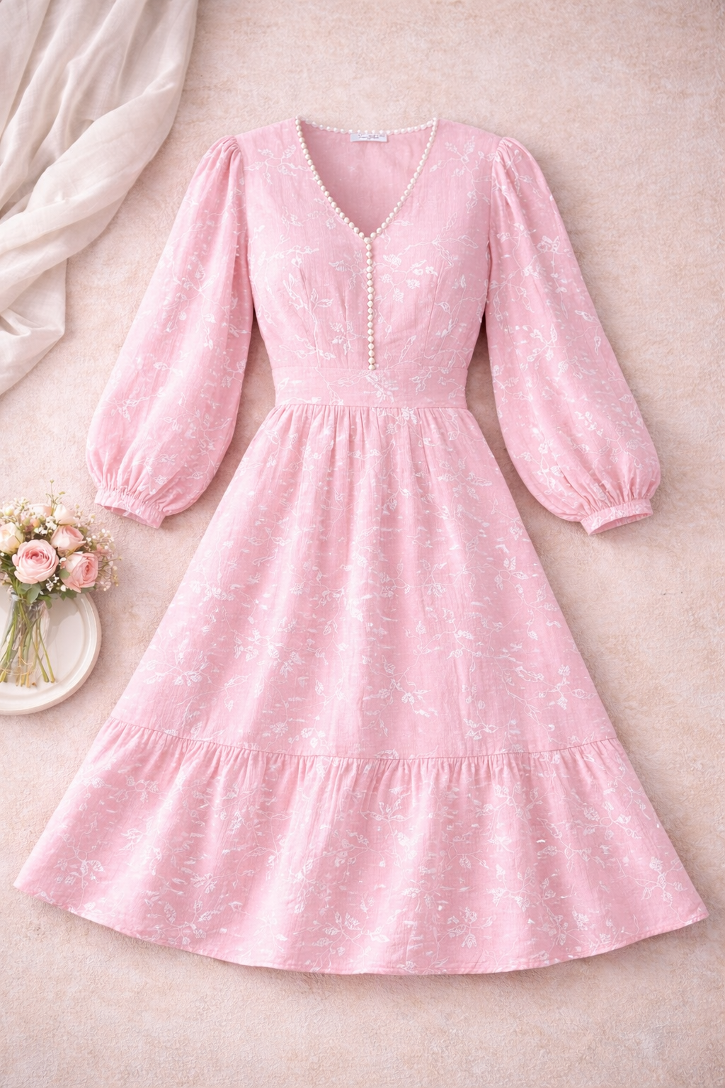 Mira Baby-Pink Floral Puff-Sleeve Pearl Midi Dress
