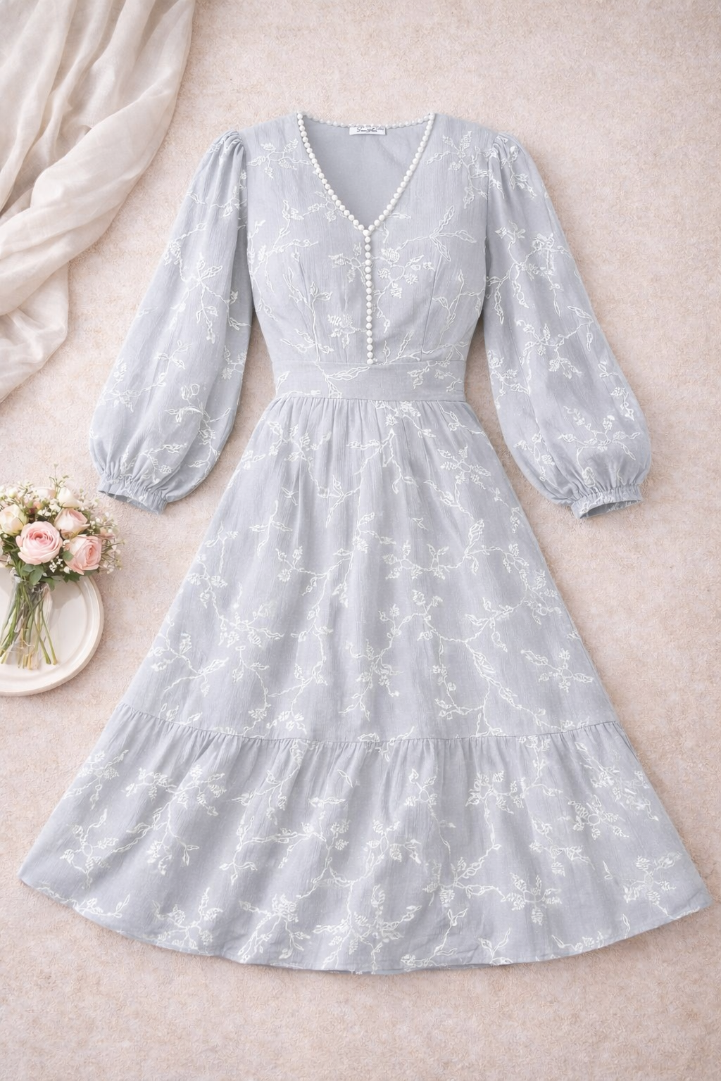 Mira Light Grey Floral Puff-Sleeve Pearl Midi Dress