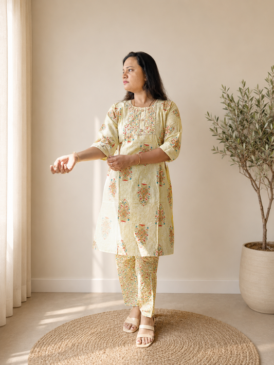 Selene - Cream Printed Cotton Kurti Set