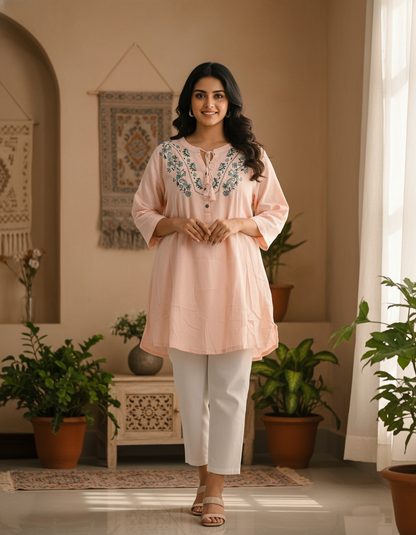 Siya Peach Embroidered Tunic Top for Women
