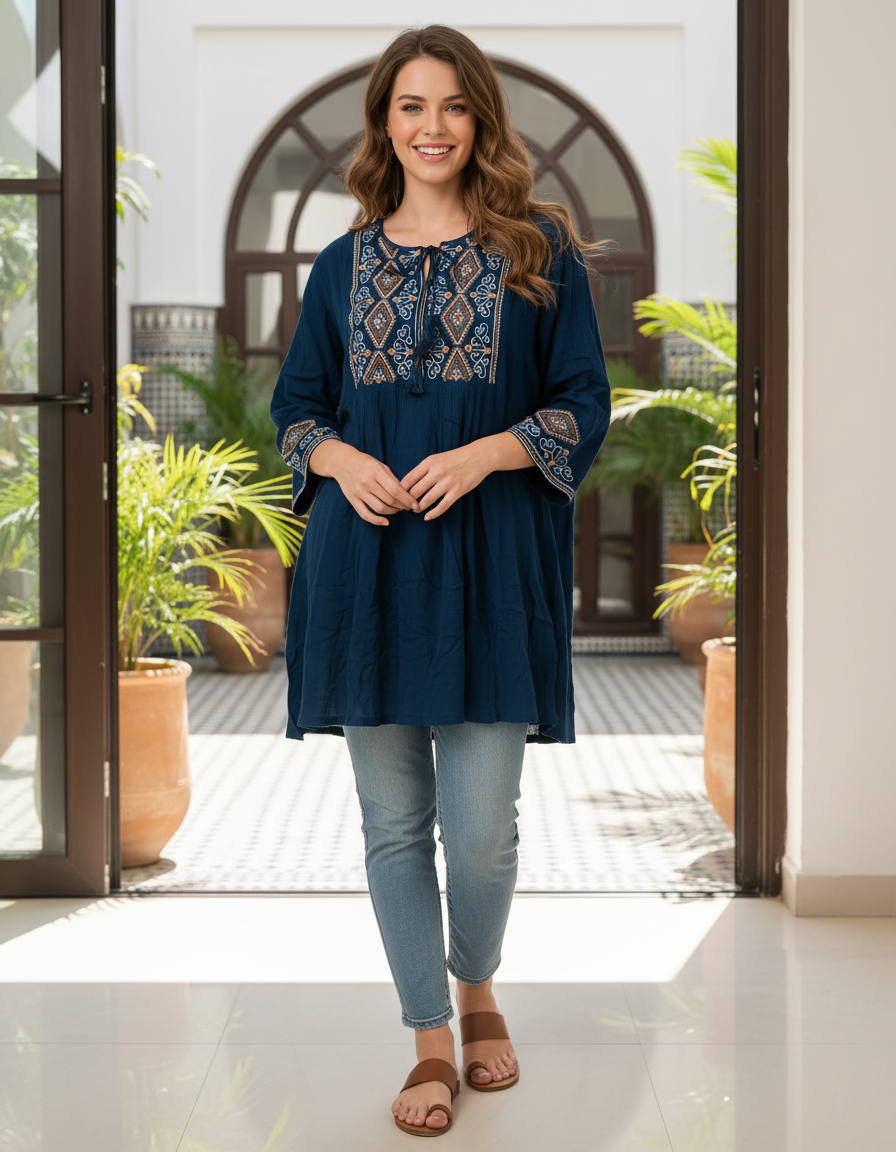 Siya Navy Blue Embroidered Tunic Top for Women