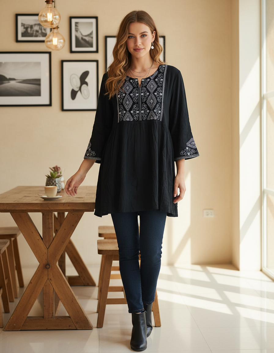 Siya Black Embroidered Tunic Top for Women