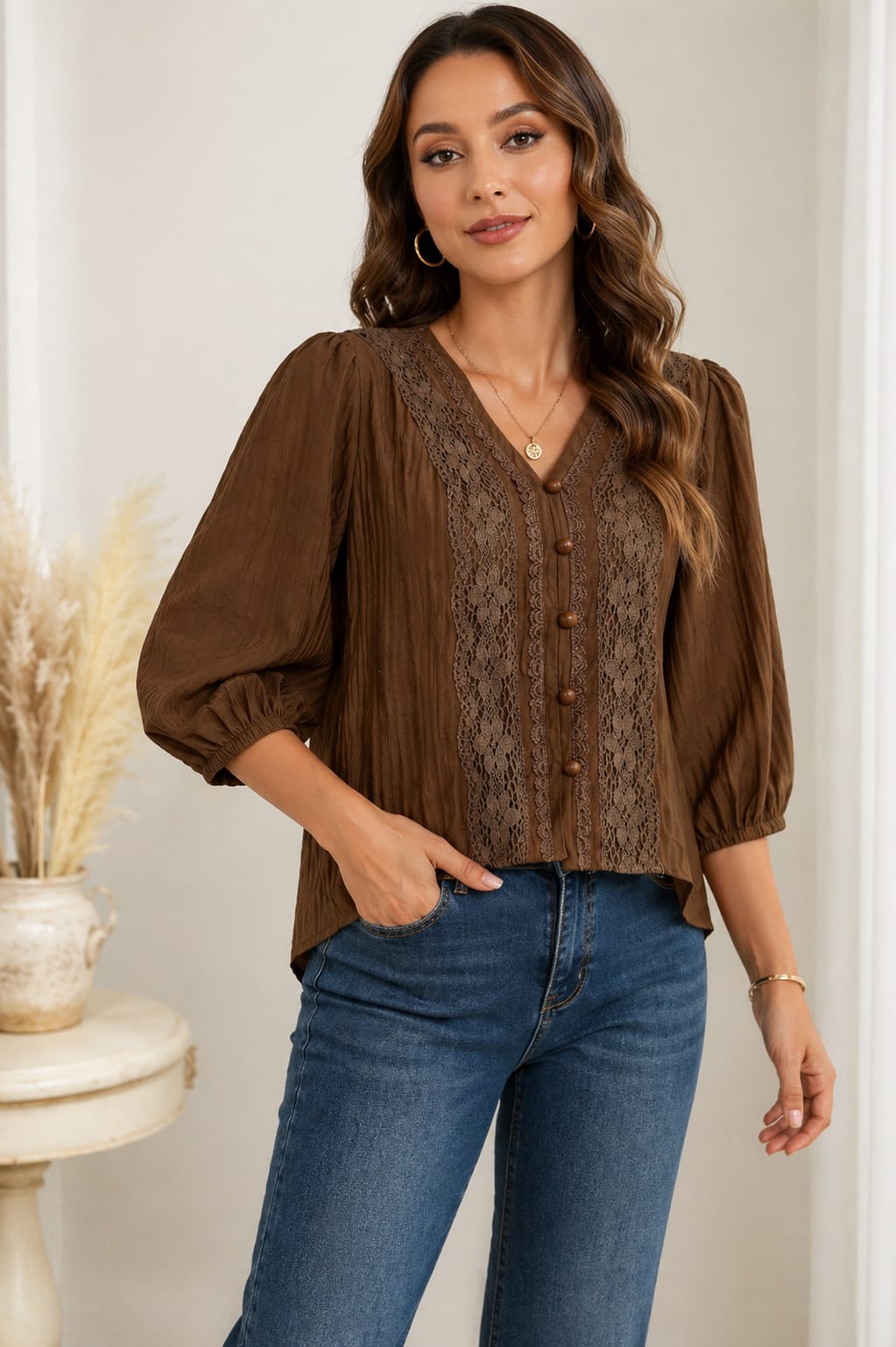 Aurinae Elegant Brown Lace Panel Button Top