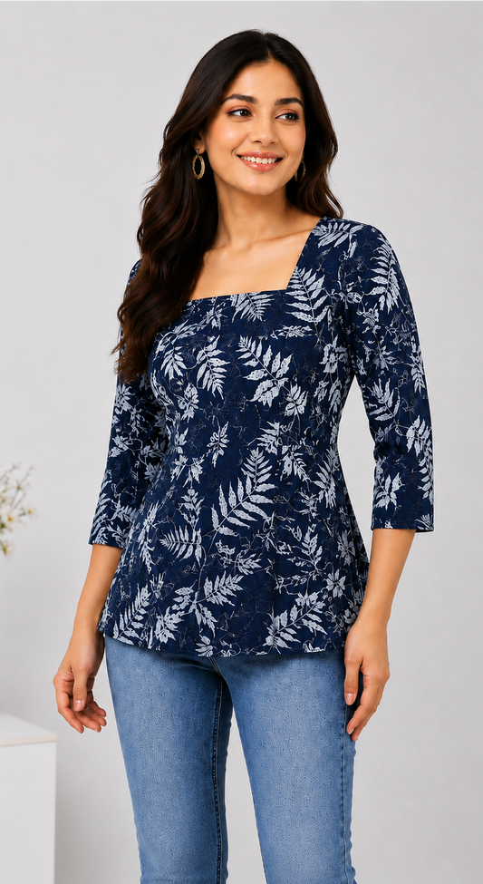 Alira Navy Blue Botanical Printed Cotton Corset Kurti