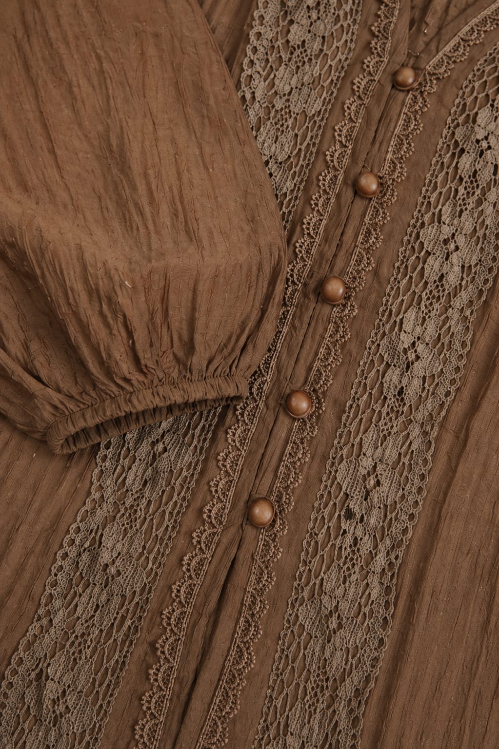 Aurinae Elegant Brown Lace Panel Button Top