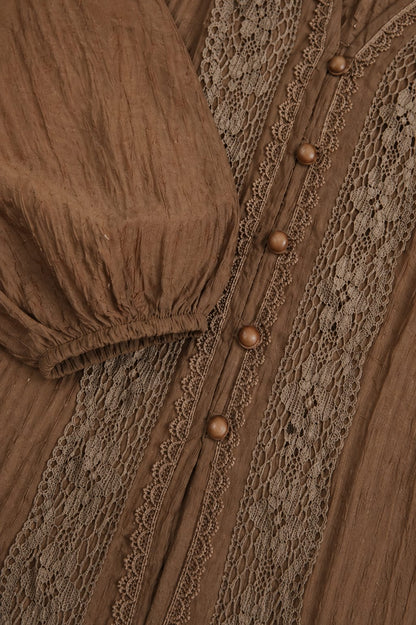 Aurinae Elegant Brown Lace Panel Button Top