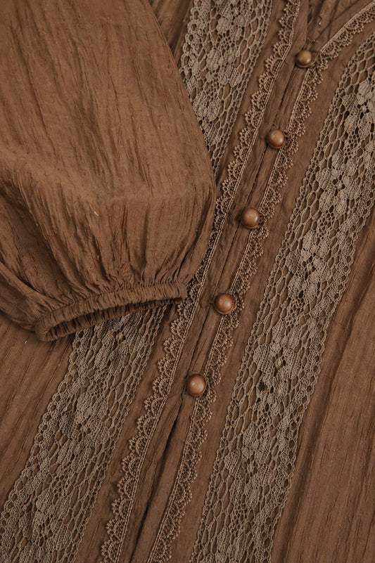 Aurinae Elegant Brown Lace Panel Button Top