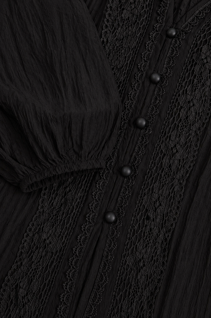 Aurinae Elegant Black Lace Panel Button Top
