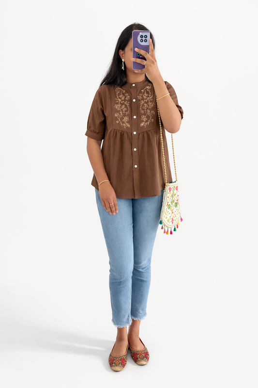 Aira Mocha Embroidered Tunic Top