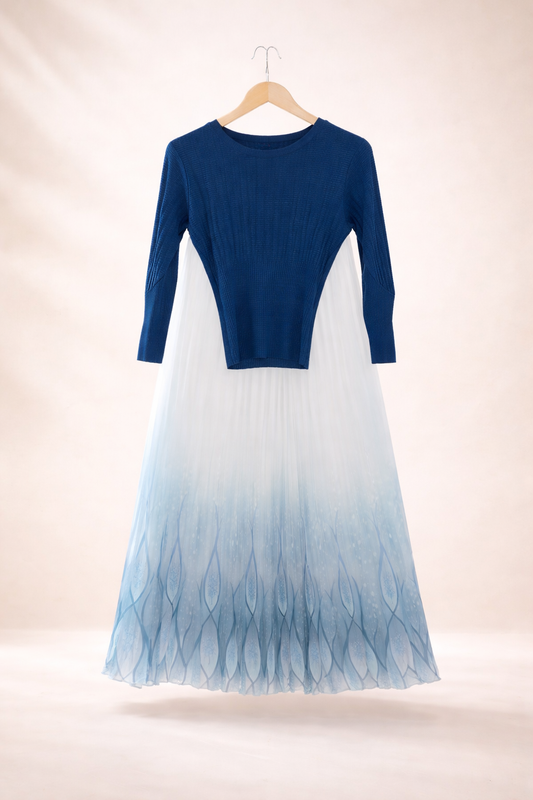 Aveline Blue and White Pleated Skirt Set