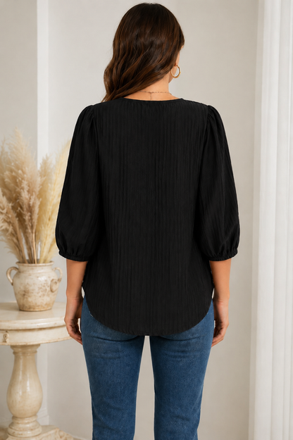 Aurinae Elegant Black Lace Panel Button Top