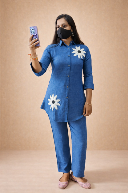 Lurelle Blue Flower Embroidered Co-Ord Set