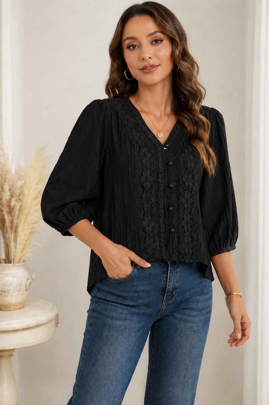 Aurinae Elegant Black Lace Panel Button Top