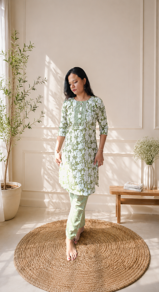 Selene – Sage Green Floral Cotton Kurta Set