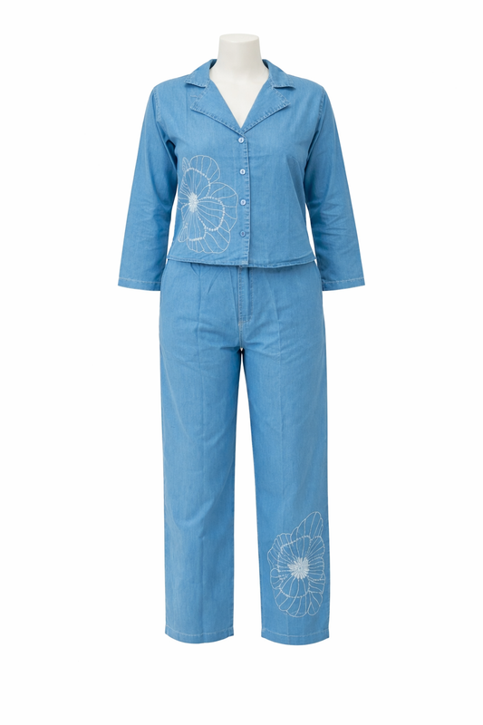 Celestia Floral Embroidered Denim Co-Ord Set – Light Blue