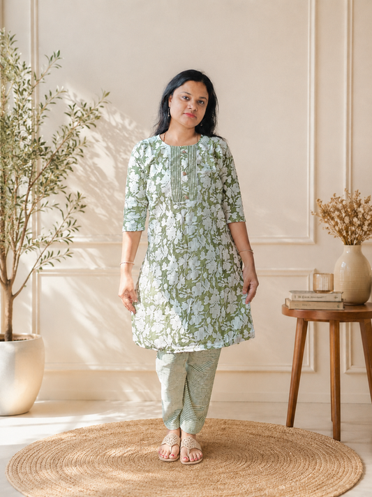 Selene – Sage Green Floral Cotton Kurta Set