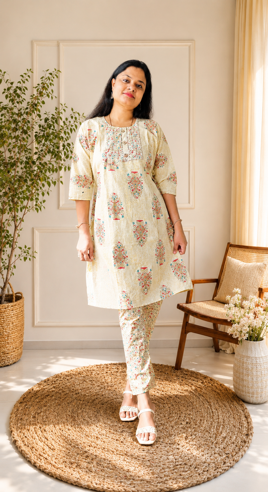 Selene - Cream Printed Cotton Kurti Set