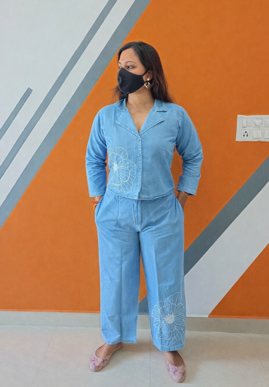 Celestia Floral Embroidered Denim Co-Ord Set – Light Blue