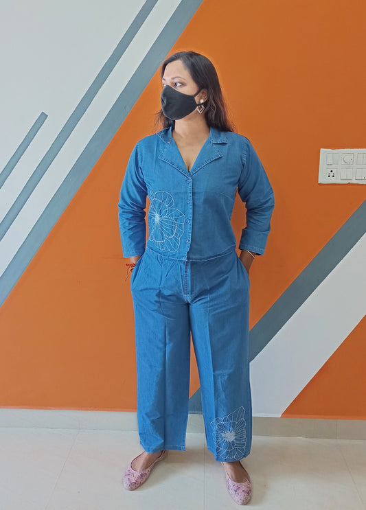 Celestia Floral Embroidered Denim Co-Ord Set – Dark Blue
