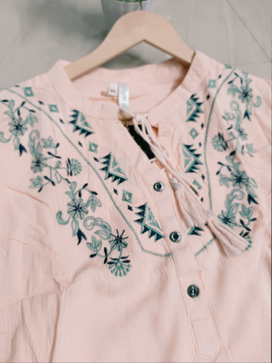 Siya Peach Embroidered Tunic Top for Women