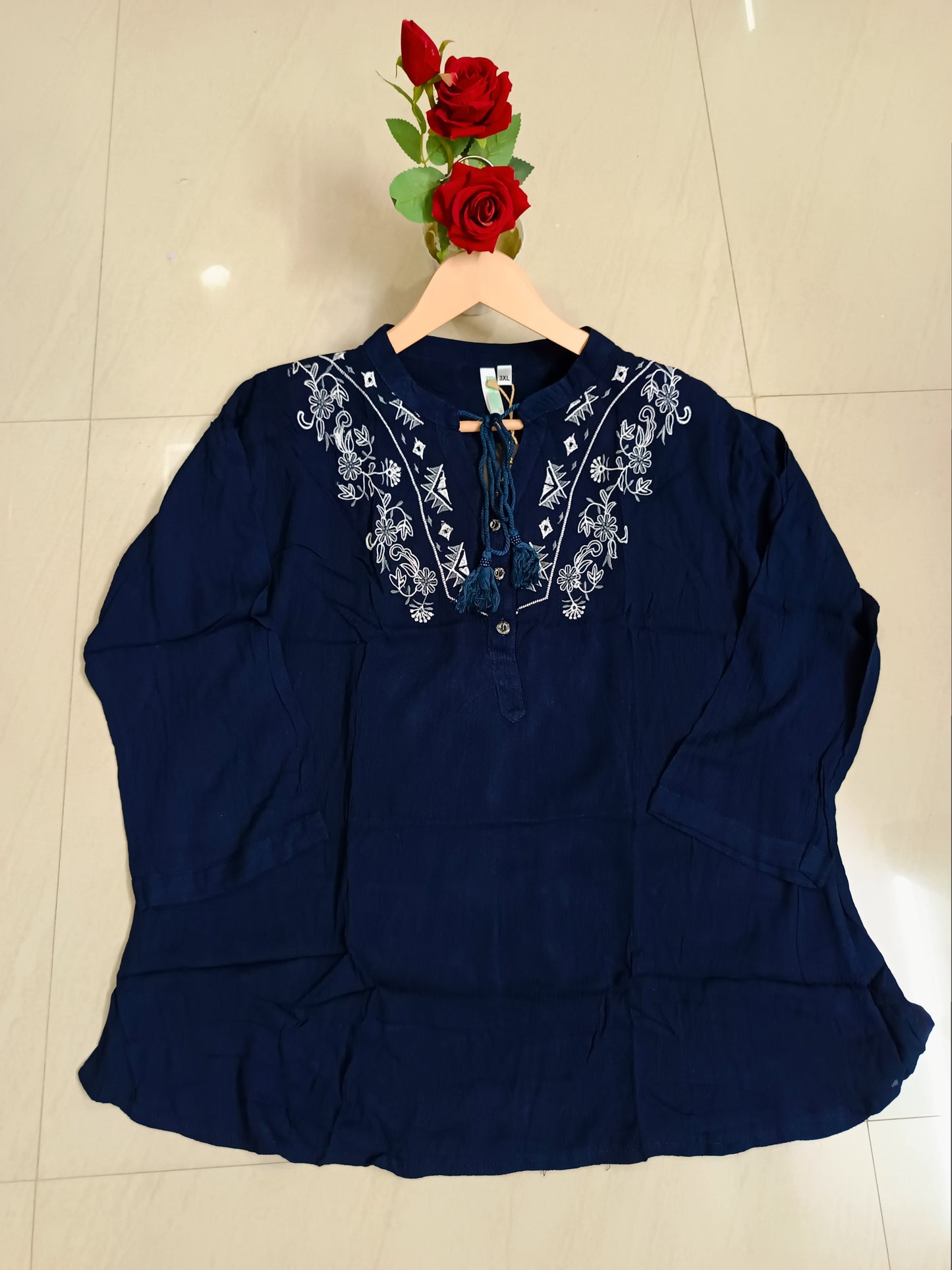 Siya Blue Embroidered Tunic Top for Women