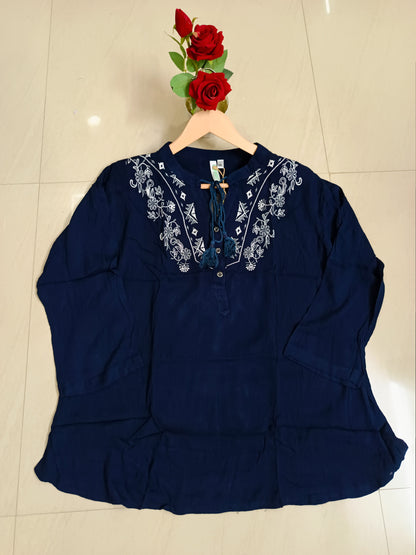Siya Blue Embroidered Tunic Top for Women