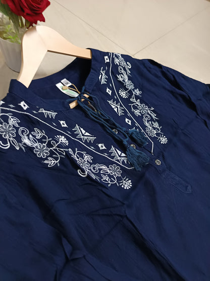 Siya Blue Embroidered Tunic Top for Women