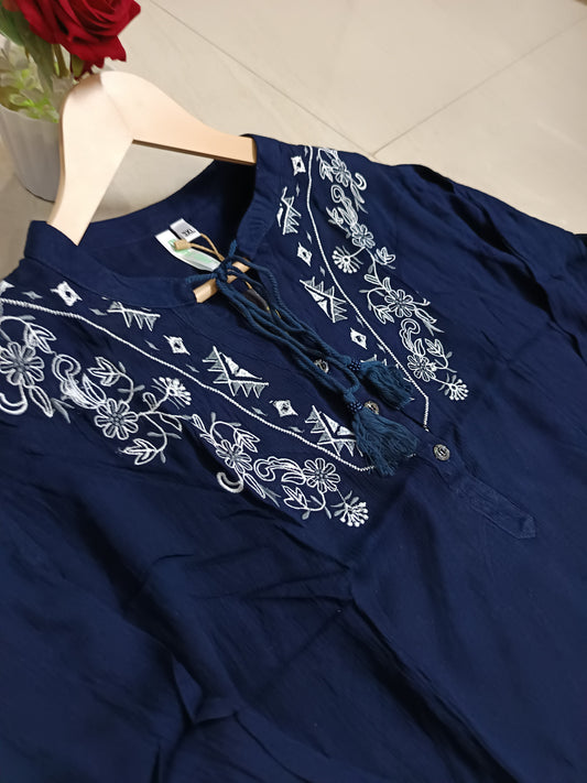 Siya Blue Embroidered Tunic Top for Women