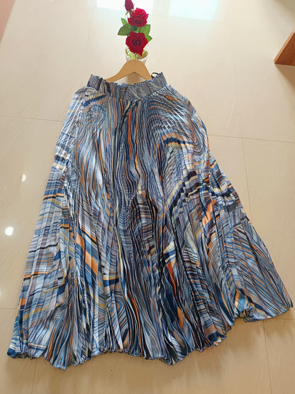 Velisse Blue Abstract Printed Pleated Skirt