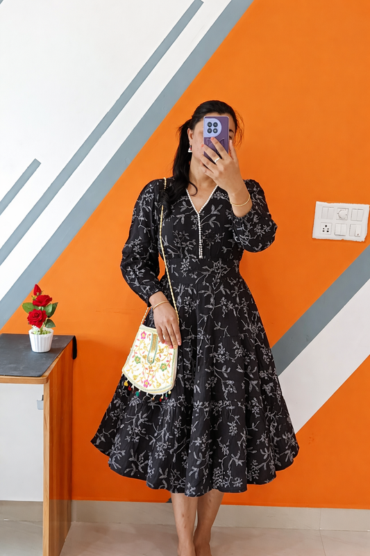 Mira Black Floral Puff-Sleeve Pearl Midi Dress