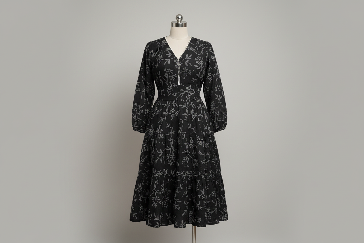 Mira Black Floral Puff-Sleeve Pearl Midi Dress