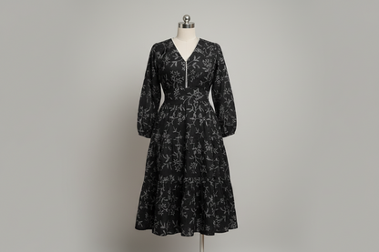 Mira Black Floral Puff-Sleeve Pearl Midi Dress