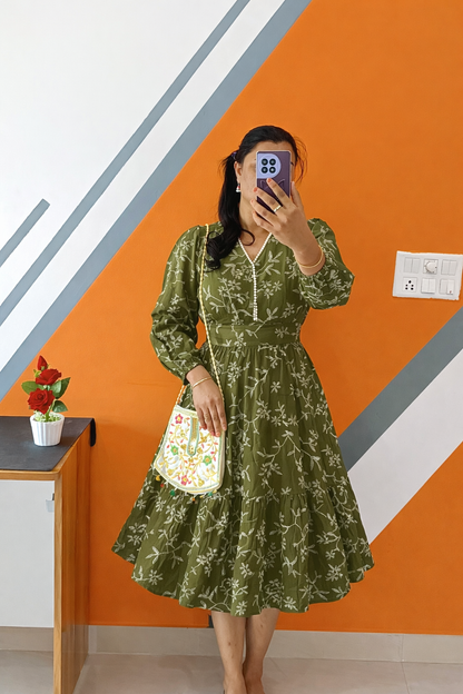 Mira Olive Floral Puff-Sleeve Pearl Midi Dress