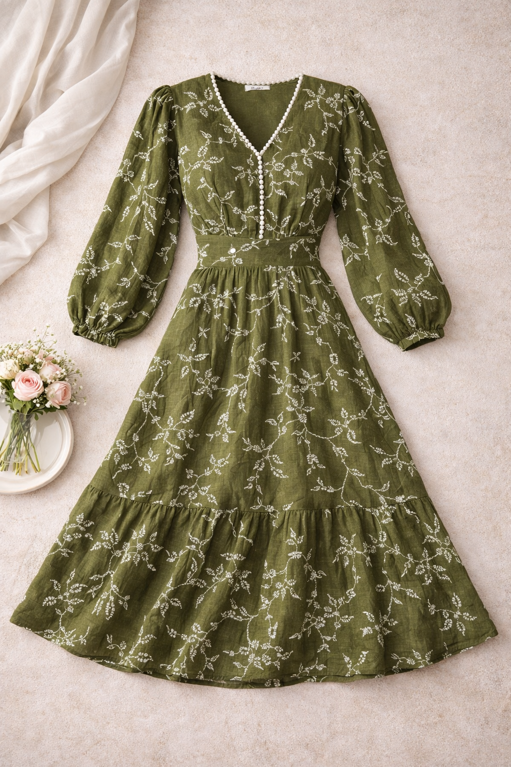 Mira Olive Floral Puff-Sleeve Pearl Midi Dress