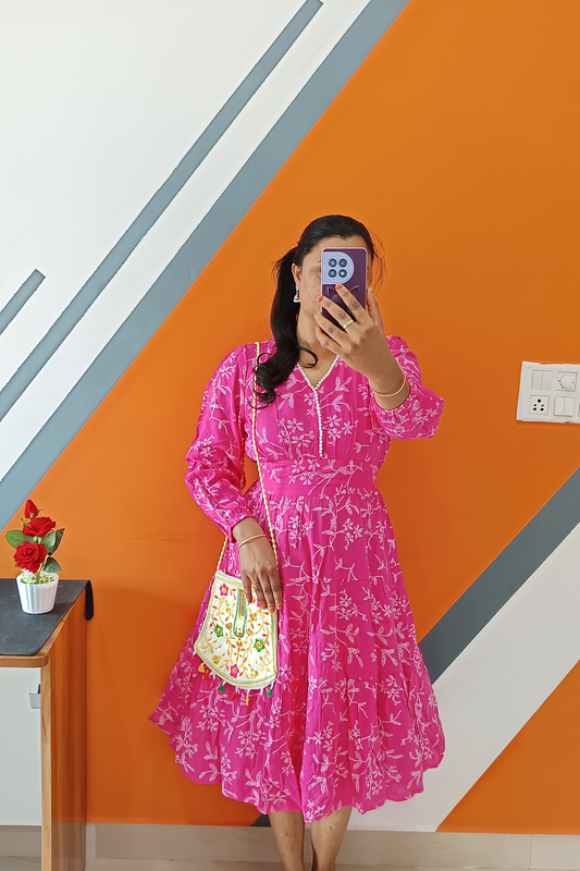 Mira Pink Floral Puff-Sleeve Pearl Midi Dress