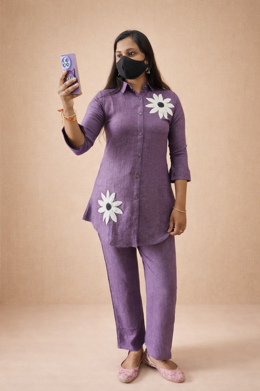 Lurelle Purple Flower Embroidered Co-Ord Set