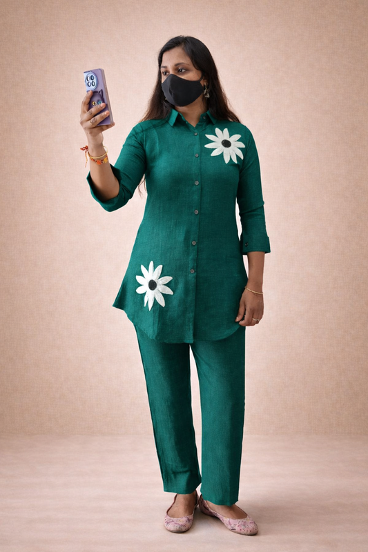 Lurelle Teal Flower Embroidered Co-Ord Set