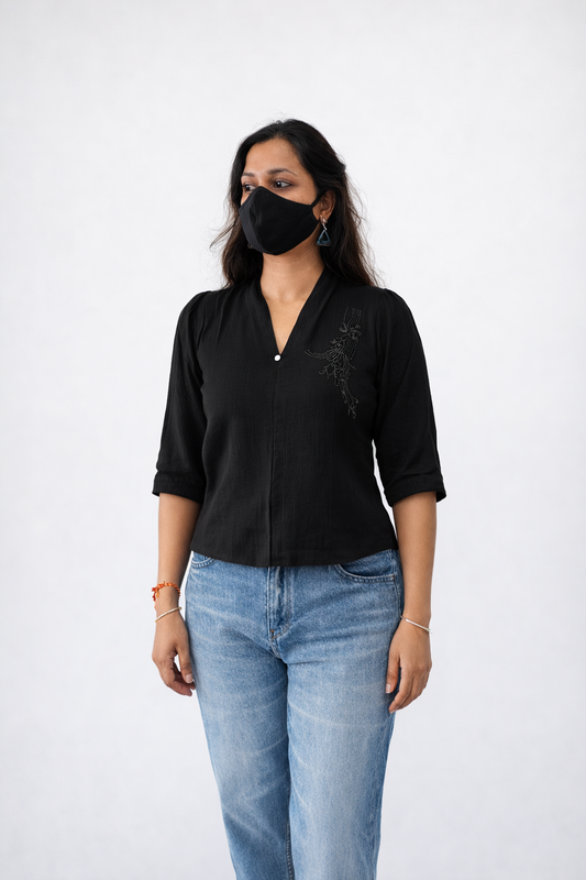 Liora Black Casual V-Neck Top