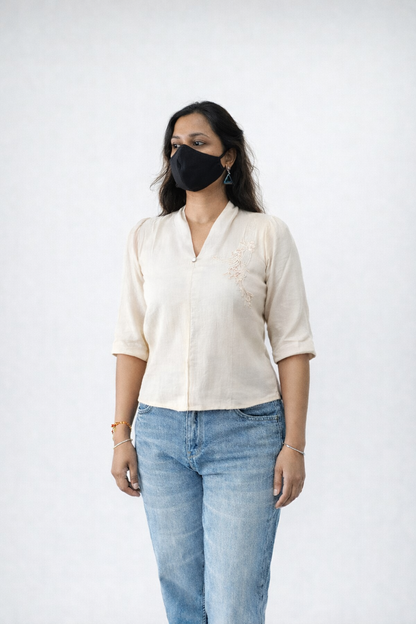 Liora Off-White Casual V-Neck Top