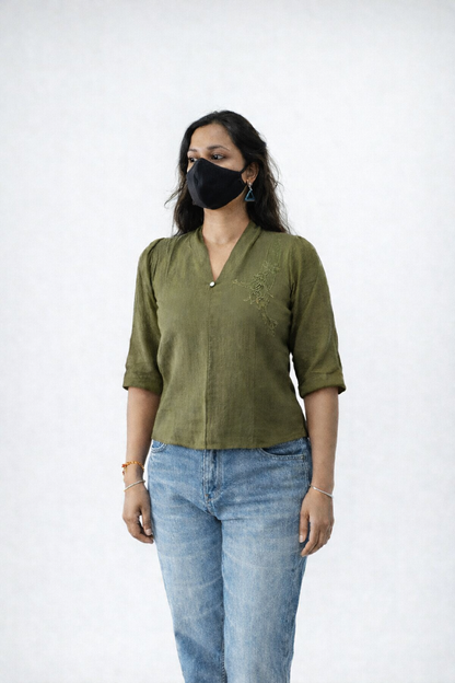 Liora Olive Casual V-Neck Top