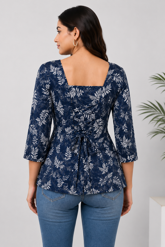 Alira Navy Blue Botanical Printed Cotton Corset Kurti