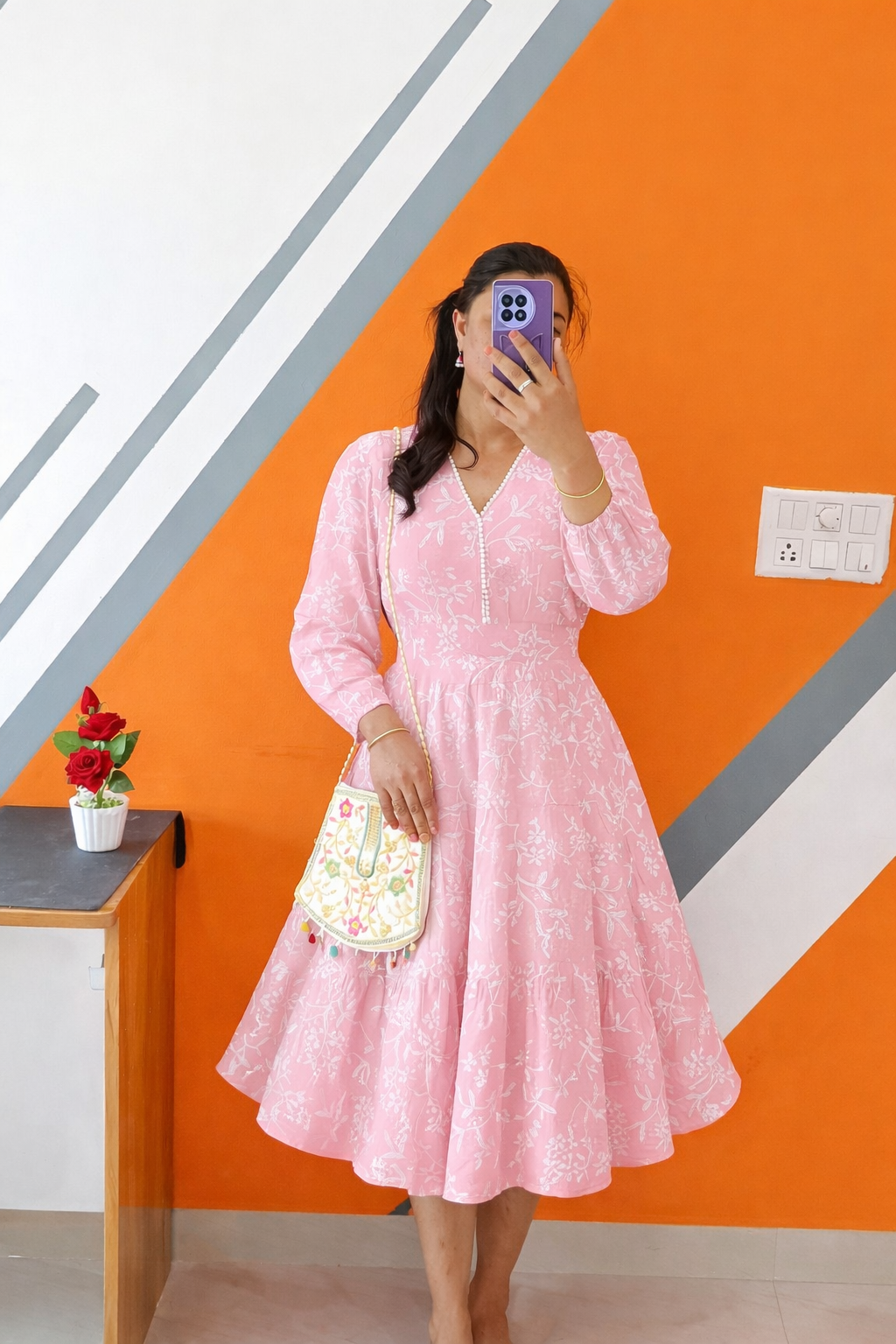 Mira Baby-Pink Floral Puff-Sleeve Pearl Midi Dress