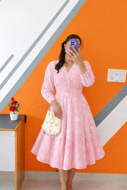 Mira Baby-Pink Floral Puff-Sleeve Pearl Midi Dress